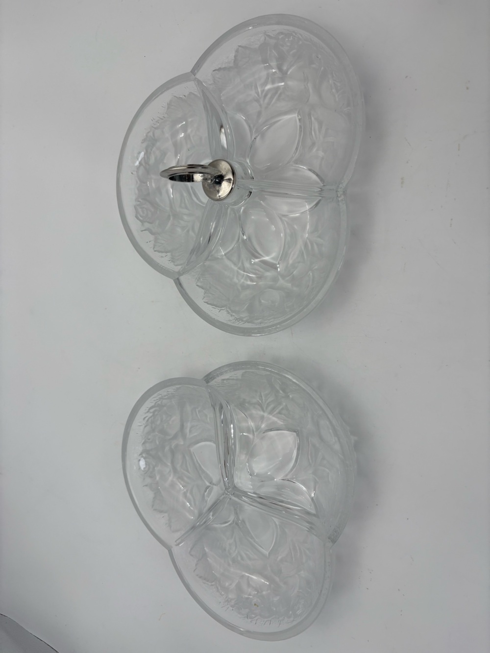 Gorgeous Vintage Crystal Divided Serving Dish Pair In Frosted Rose Pattern